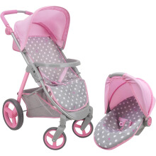 509 Crew: Suikerspin Roze: Poppenreissysteem - Roze Grijze Polka Dot - voor poppen tot 45 cm Opvouwbare intrekbare luifel Kinderen Fantasiespel vanaf
