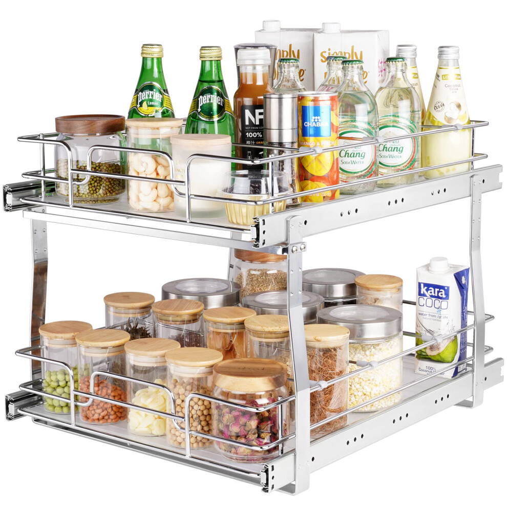 VEVOR 2 Tier 16""W x 21""D Pull Out Cabinet Organizer  Heavy Duty Slide Out Pantry Shelves  Chrome-Plated Steel Roll Out Drawers  Sliding Drawer Stora