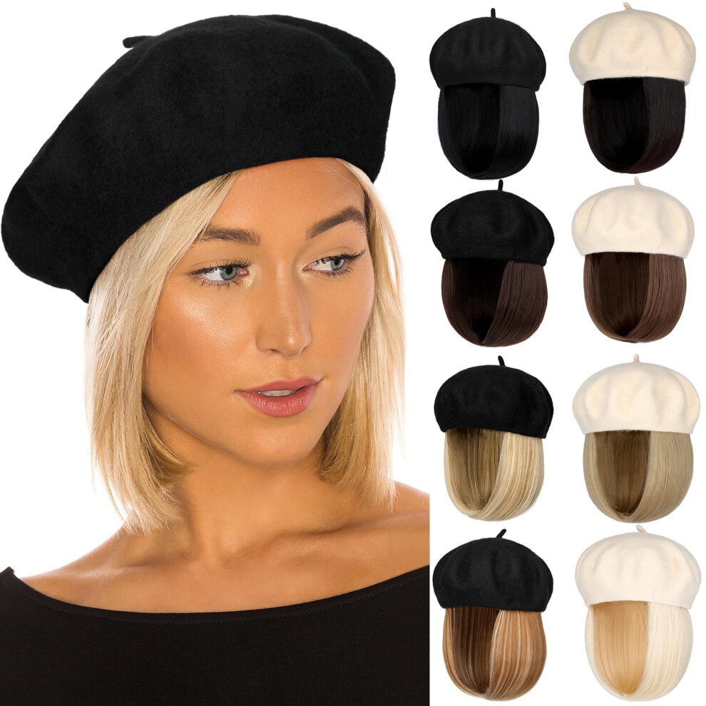 Lansigreen Hoed Pruik Baret Hoed Met Haarextensies Klassieke Franse Wollen Hoed Bevestigd 12"""" Rechte Korte Bob Haarstuk Synthetisch Voor Vrouwen-image