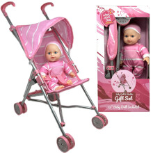 Babypop en kinderwagenset - 30 cm babypop met fopspeencadeauset - Roze stoffen kinderwagen speelgoed voor kinderen - Opvouwbare speelwagen voor poppe