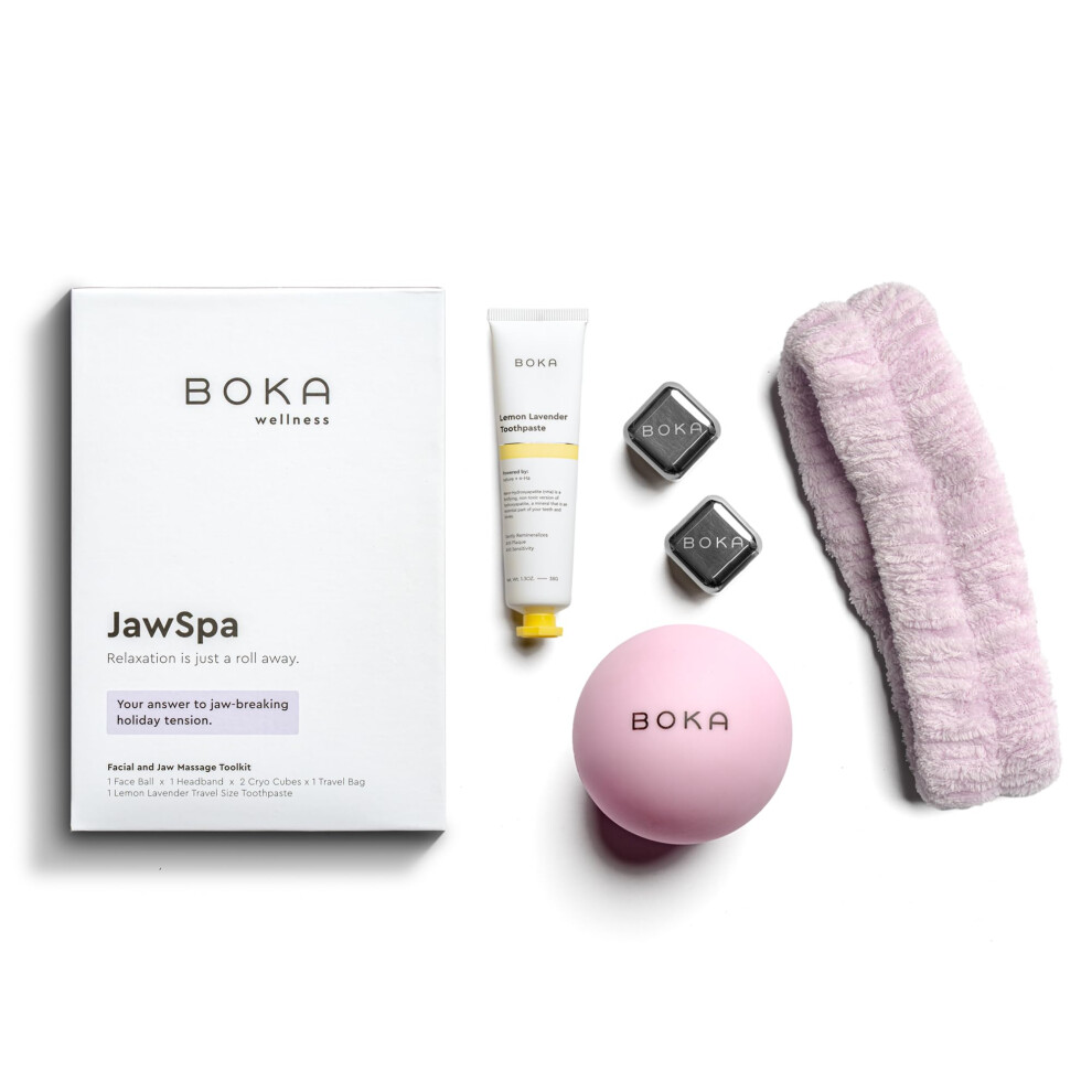 Boka JawSpa Facial Tension Kit w/Face Ball 2 Cryo Cubes Headband Travel Bag & Lemon Lavender Travel Size Nano-Hydroxyapatite (n-Ha) Toothpaste