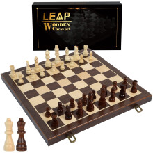 LEAP Houten Schaak- en Damsets - 15" Walnoot & Esdoorn Vouwbord met 2 Extra Koninginnen | Schaakset