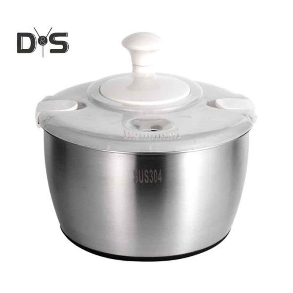 Stainless Steel Salad Spinner With Drain Basket Anti-slip Base Stop Button Large 5.3 Quart Vegetables Dryer