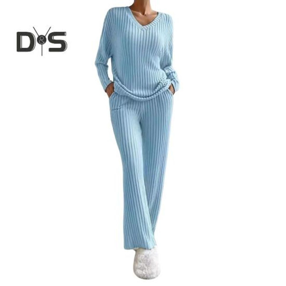 (blue, XL) 2 Pcs/Set Women Spring Commuting Outfit Top Pants Set V Neck Thread Long Sleeve Top High Waist Sport Tracksuit Elastic Daily Clothes Sleepwear