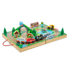 Melissa & Doug 17-Piece Wooden Take-Along Tabletop Railroad 3 Trains Truck Play Pieces Bridge - FSC Certified