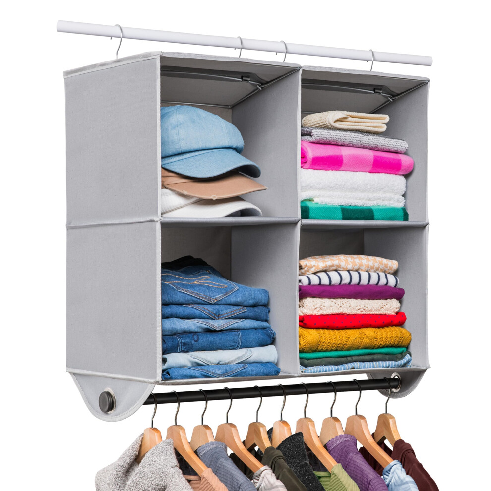 Hold N' Storage - 4 Shelf Hanging Closet Organizer - Closet Hanging Shelves Storage and RV Closet Hanging Organizer- Grey with Black Metal Rod - 24 W