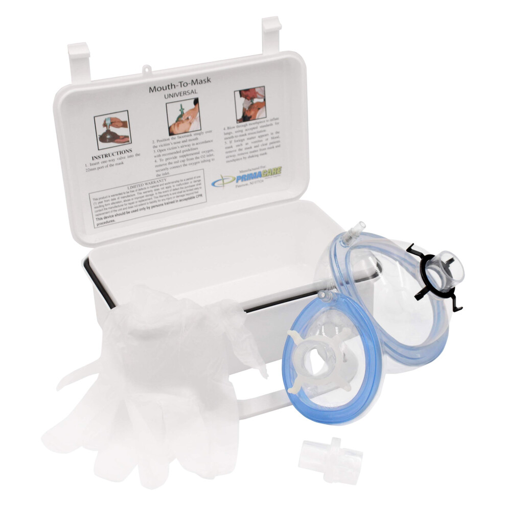 Primacare Kc-1010 Mouth To Mask Cpr Kit For Emergency Responders, One Way Valve And Child/Adult Resuscitator Masks With 02 Inlet, Portable And Wall Mountable