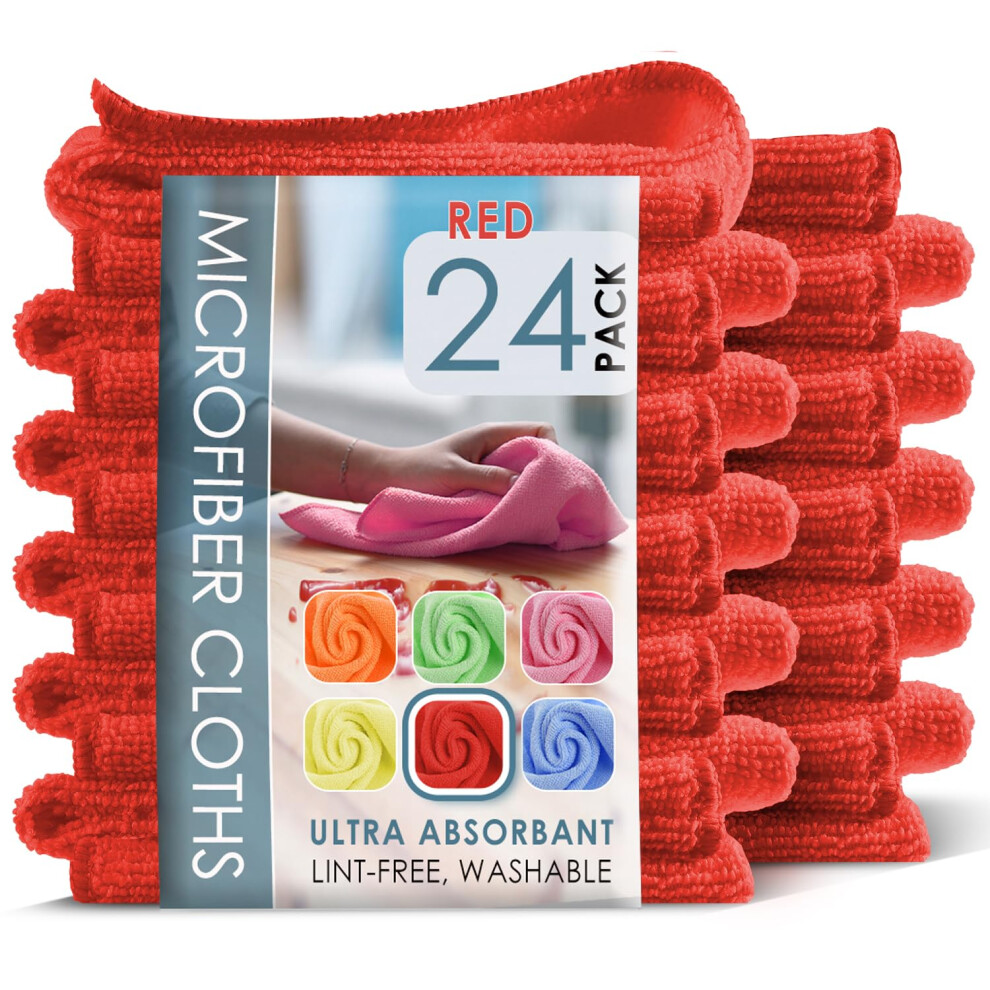 Hearth & Harbor Microfiber Cleaning Cloth Towels For Cars 24 Pack Washcloths Rags Reusable Towel Cloth Rags Cleaning Lint Free 12X12inch Red 840284570390