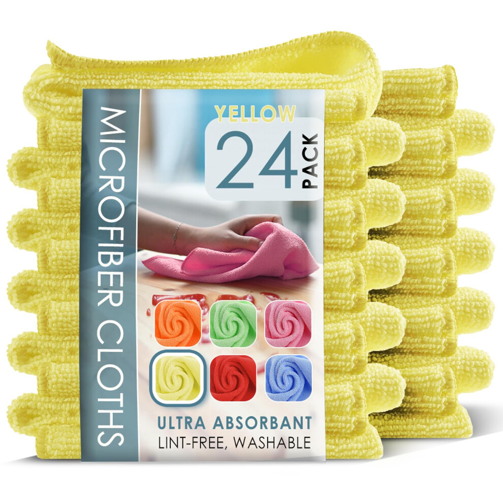 Hearth & Harbor Microfiber Cleaning Cloth Towels For Cars 24 Pack Washcloths Reusable Lint-Free Rags 12X12 Inches Yellow 840284570406