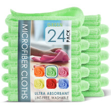 Hearth & Harbor Microfiber Cleaning Towels for Cars 24 Pack Washcloths Green Reusable Rags Lint Free Cloth 12x12 Inches
