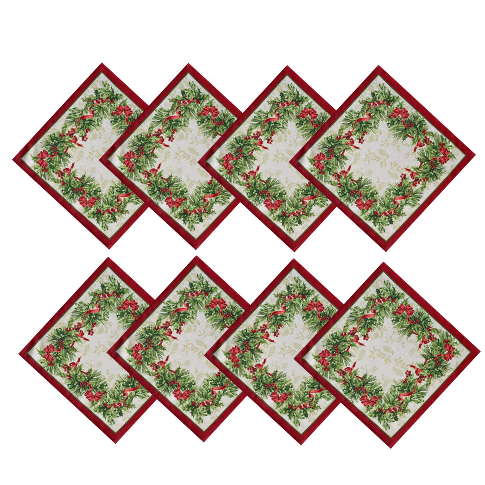 Newbridge Christmas Holly Ribbon Traditions Bordered Set of 8 Fabric Napkins Boughs of Holly and Berry Ribbon Garland Dining Napkins for Holiday Part