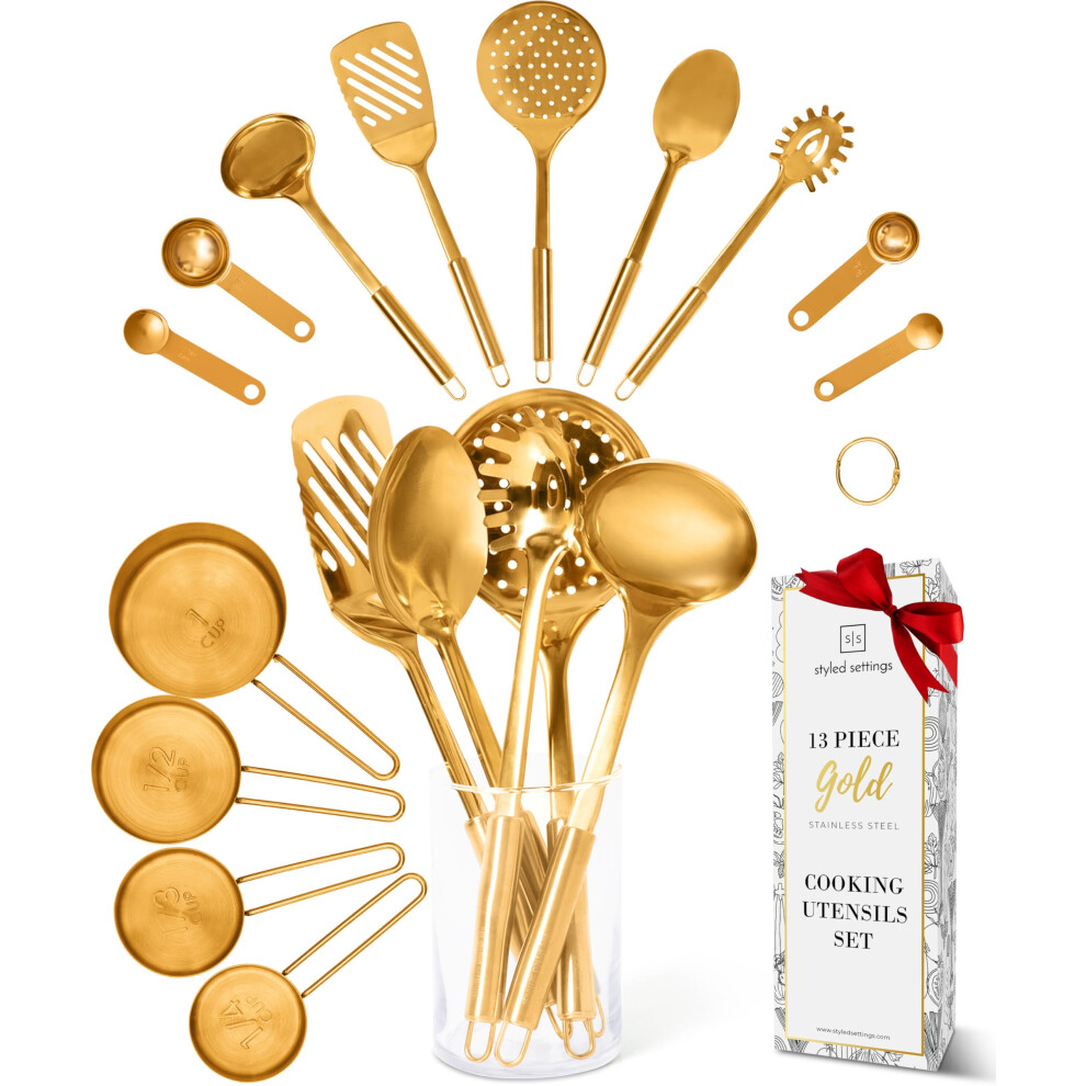 STYLED SETTINGS Gold Cooking Utensils with Gold Measuring Cups and Spoons Set (13-Pieces) Gold Kitchen Accessories with Metal Measuring Cups and Spoo