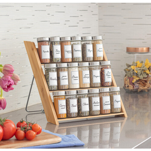 Orii 18 Jar Bamboo Compact Spice Organizer for Countertop and Kitchen Drawer Filled with Spices Program 1