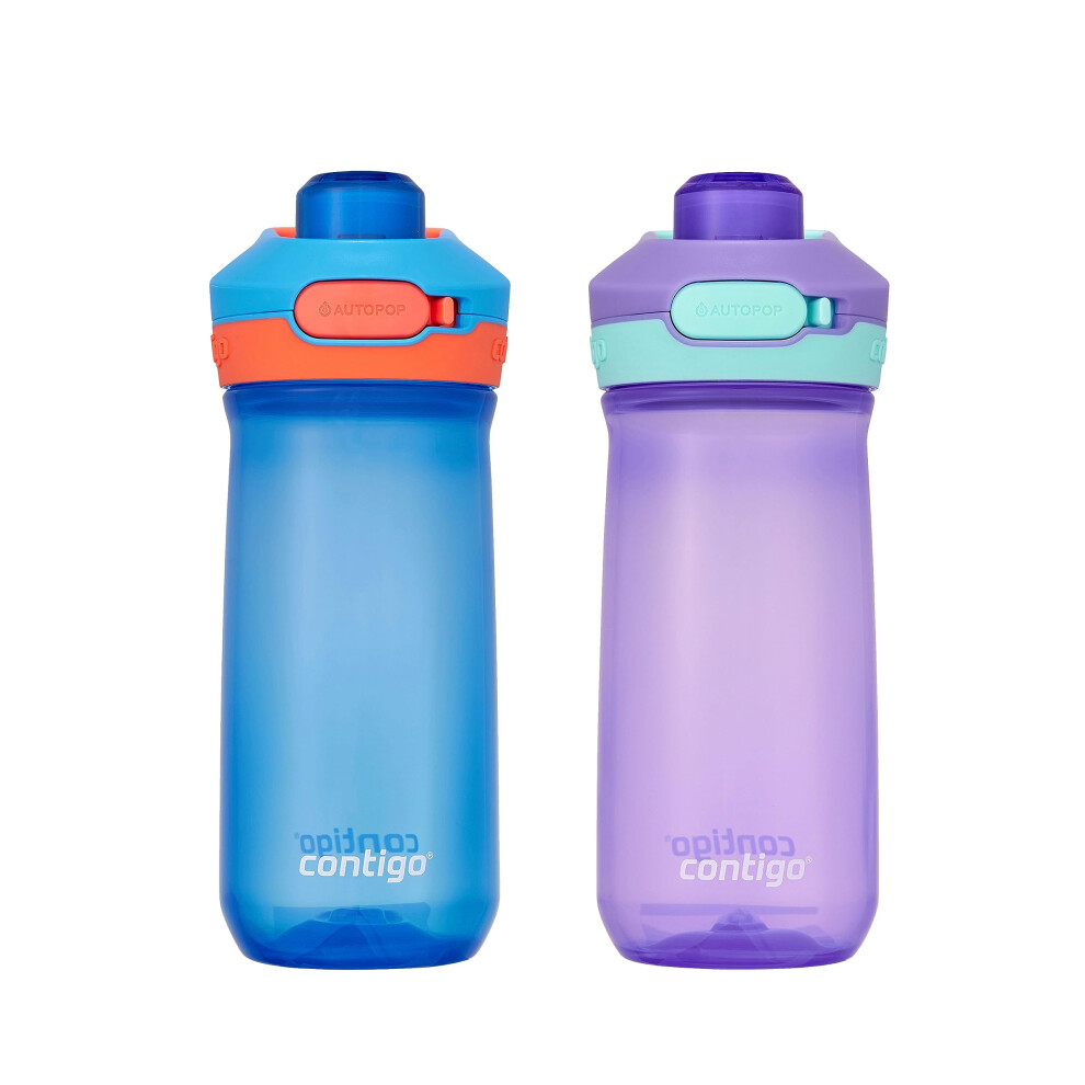 Contigo Jessie Kids Water Bottle  Leak-Proof Lid  14oz  Dishwasher-Safe  Fits Most Cup Holders  2-Pack Blue Poppy/Coral & Amethyst/Jade