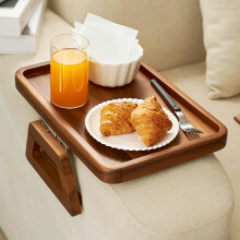 Tinamo Acacia Couch Arm Table - Houten Sofa Armleuning Lade - Clip-on Tray voor Brede Bank - Bijzettafel voor Eten & Drinken (Rechthoekig Acacia)