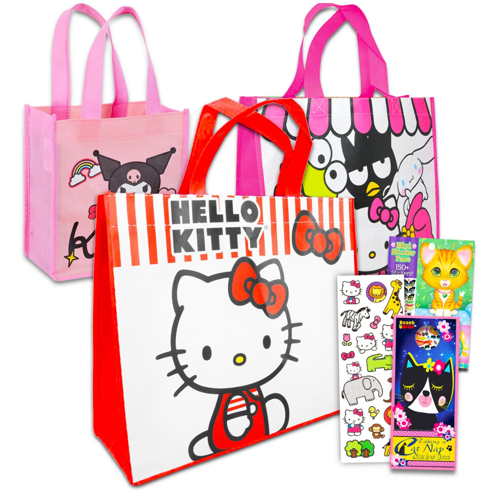 Hello Kitty Tote Bag Set for Girls - Accessories Bundle with 3 Sanrio Reusable Grocery Bags with Stickers  More | Hello Kitty Tote Bag Set