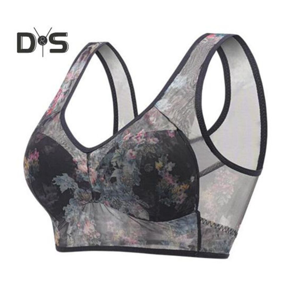 (black, M) Mid-aged Women Bra Seamless Thin Ice Silk Cooling Floral Print Wireless Anti-snagging Push Up Mother Daily Wear Bra