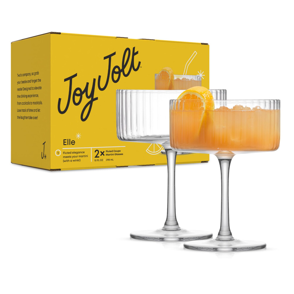 JoyJolt Fluted Ribbed Glasses - 10oz Coupe Glass Set of 2 Unique Champagne Glasses for Cocktails and Martinis. Vintage Style Drinking Glasses.