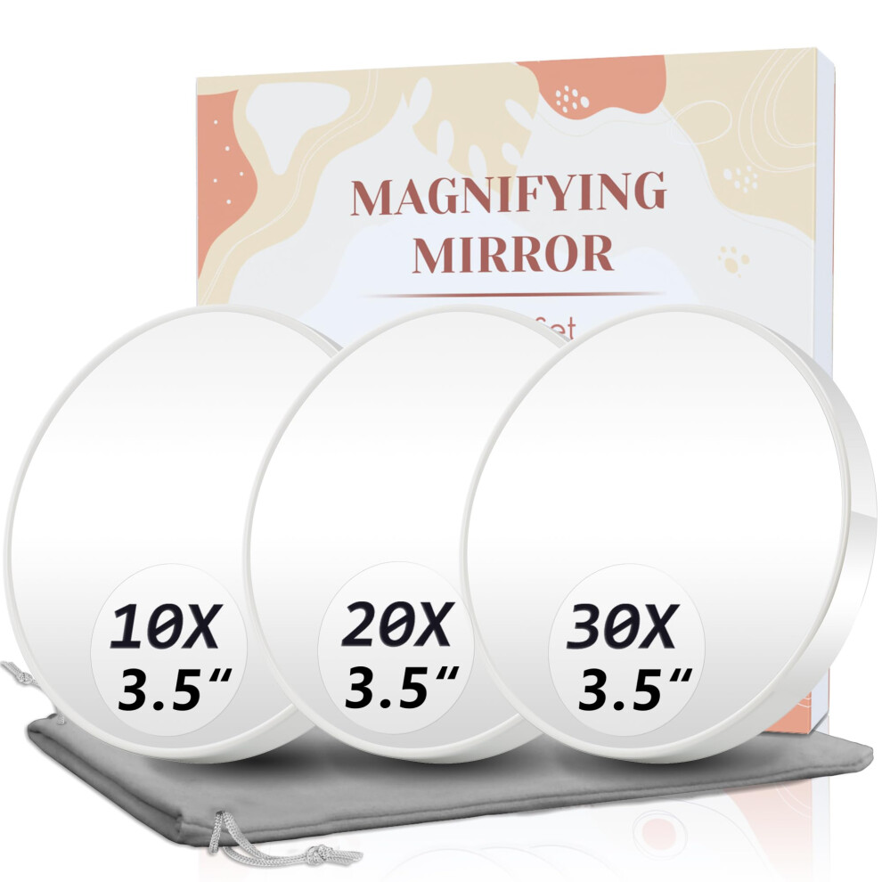 Fahzon Magnifying Mirror 10X & 20X & 30X Set Magnified Mirror 3.5"" With Two Suction Cups Travel Magnifying Mirror Set Comes With Portable Storage Bag Co