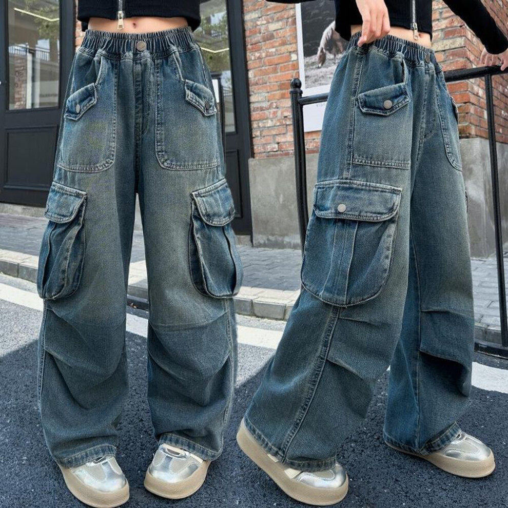 (blue, 150) Girls Big Pocket Jeans Fashion Casual Workwear Wide Leg Pants Spring Summer Children Daily Comfy Oversized Trousers Kids Bottom