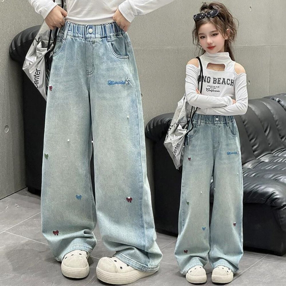 (blue, 150) Girls Wide Leg Jeans Autumn Pants for Kids Bow Embroidery Design Fashion Casual School Teenage Children Trousers