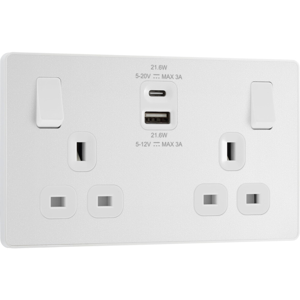 Bg Electrical Double Switched Power Wall Plug Socket With Fast Charge Type A And Type C Usb Charging Ports, Evolve, Pearlescent White, 13A, 22W, 5050765252805