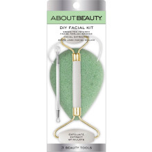 About Beauty DIY Facial Kit - 3 Salon Quality Beauty Tools Includes Green Tea Konjac Sponge Facial Extractor and Facial Roller Exfoliate Stimulat