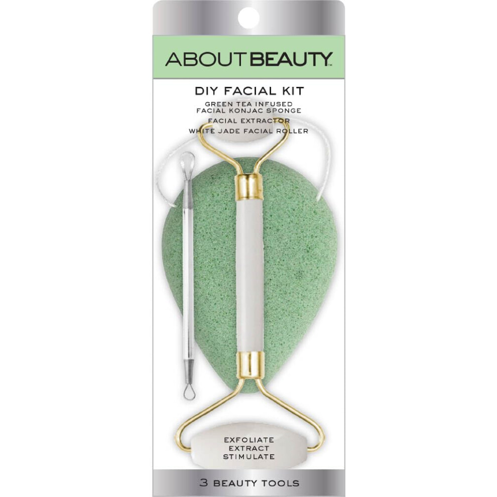 About Beauty Diy Facial Kit - 3 Salon Quality Beauty Tools Includes Green Tea Konjac Sponge Facial Extractor And Facial Roller Exfoliate Stimulate