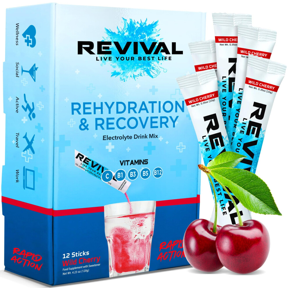 Revival Shots Revival Rapid Rehydration, Electrolytes Powder - High Strength Vitamin C, B1, B3, B5, B12 Supplement Sachet Drink, Effervescent Electrolyte Hydration