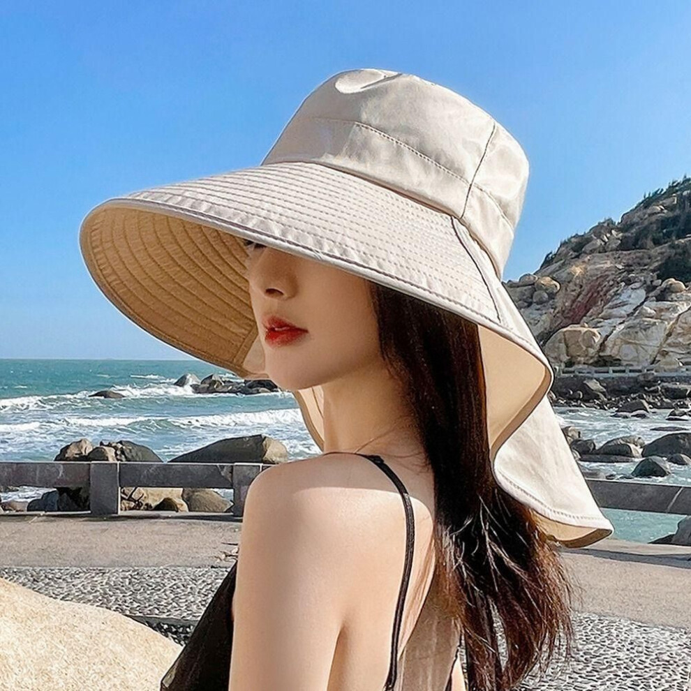 (beige) With Neck Flap Beach Sun Hats Outdoor Bucket Hats Summer Sun Hats Wide Brim Women Sunscreen Hats