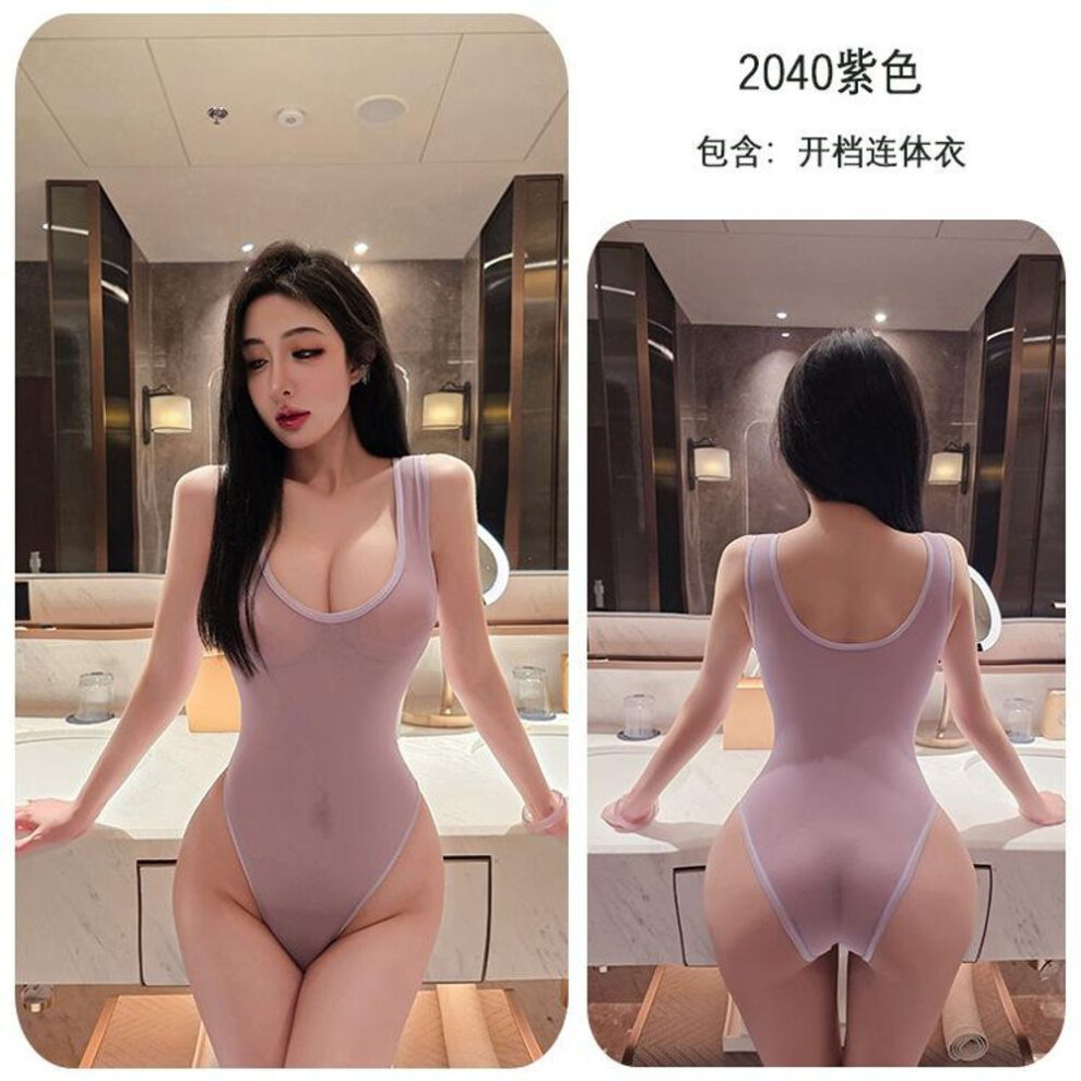 (purple, One Size) Sexy Lingerie For Woman Oil Shiny Bodysuit Deep U Dead Reservoir Water  High Fork Smooth High Elastic Swimsuit Tights