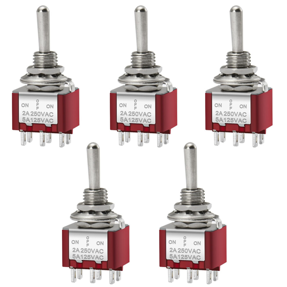 Mini Toggle Switch, Mts-223, (On)-Off-(On) Momentary Type, Dpdt, 6 Pin, 2A 250V, 6A 125V, Pack Of 5 670534178355