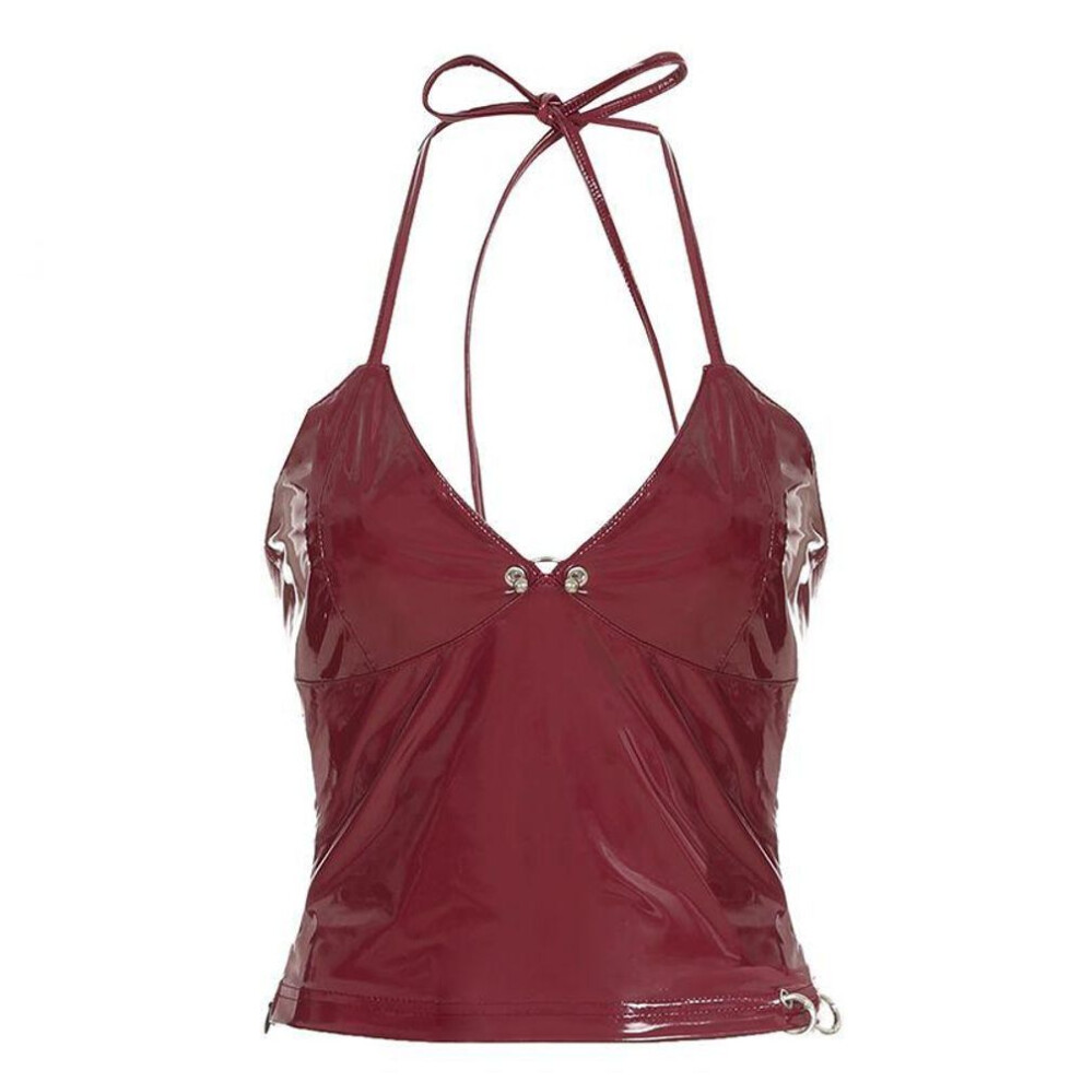 (L, red) High Street Sexy Babes Chic Beauty Back Camisoles American Style Pu Glossy Backless Cropped Trim Tops Fashion V-neck Red Vest
