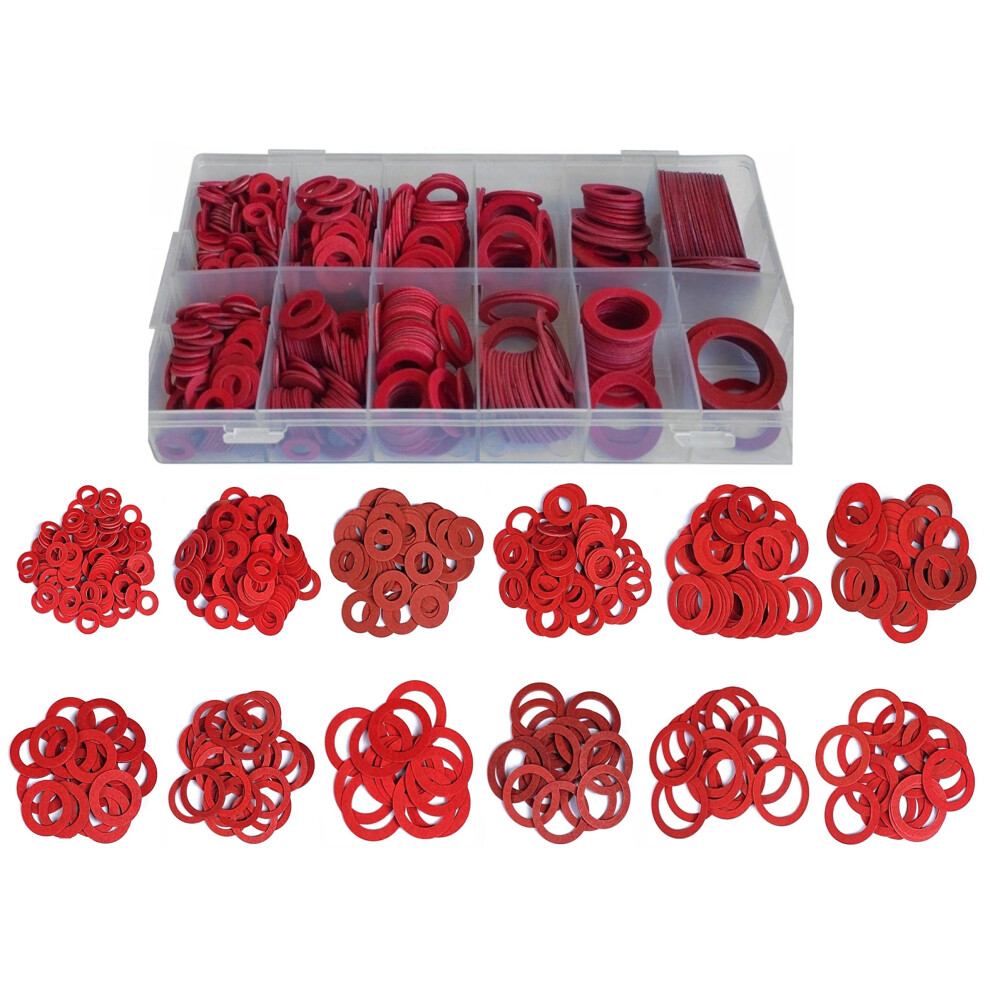 600 Pcs Fibre Washer Assorted Set In A Storage Box- Assorted Red Steel Paper Insulation Fibre Washers, Various Size Sealing Washers 9504527291671