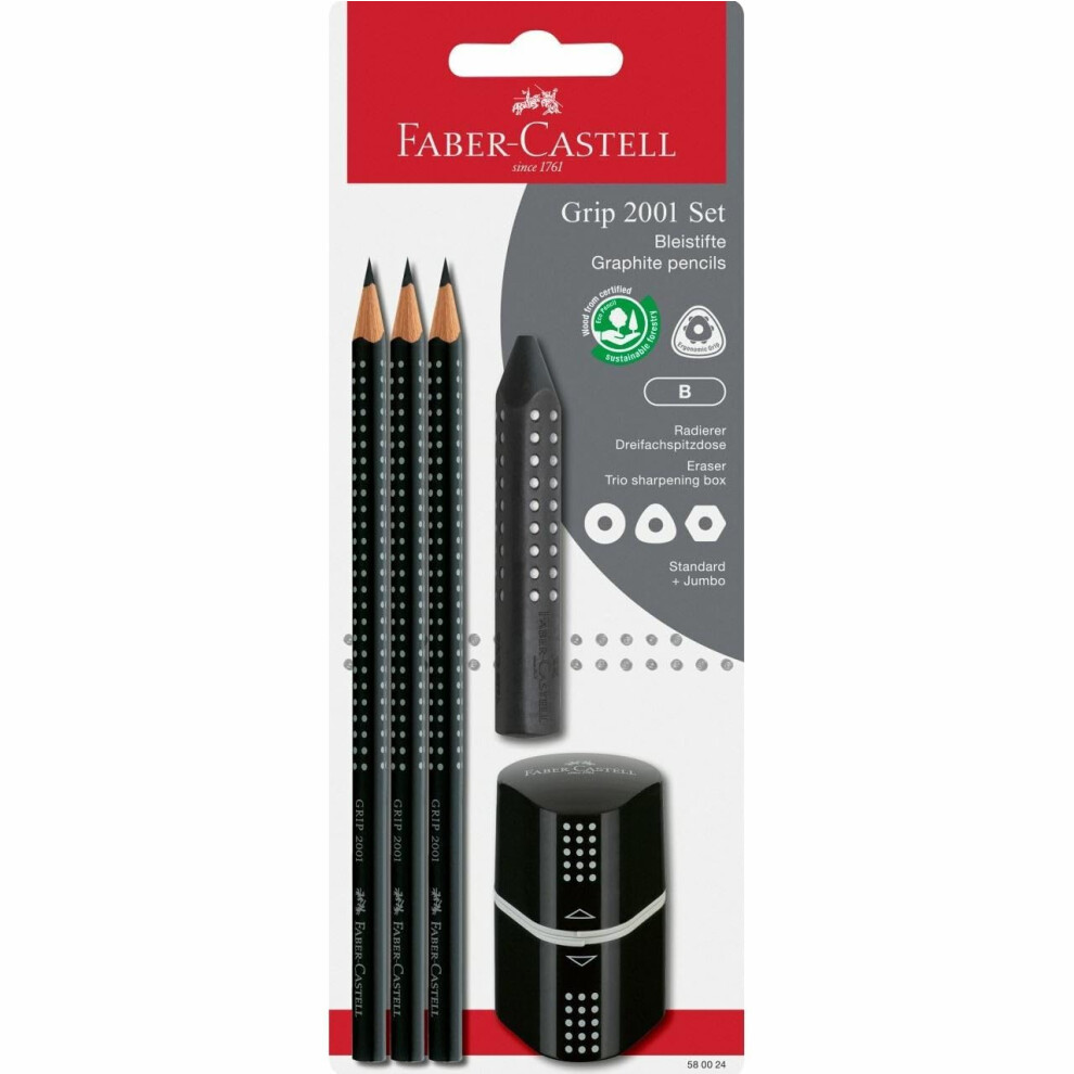 580024 Grip 2001 Pencil Set 5-Piece with 3 Pencils, Eraser and Sharpener, Black
