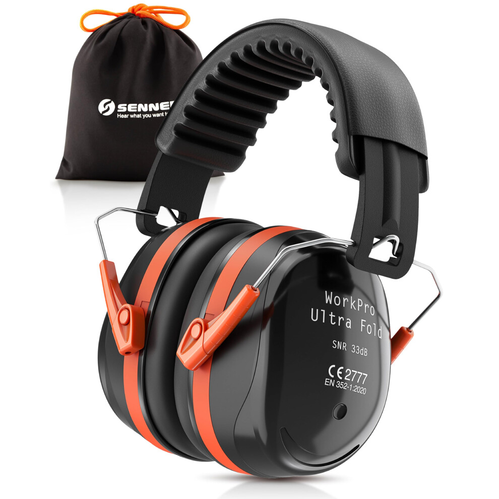 Workpro Ultra Fold | Adjustable Noise-Canceling Ear Defenders - Safety Earmuffs 33 Db Snr | Foldable Ear Protection Black/Orange 4260576370273