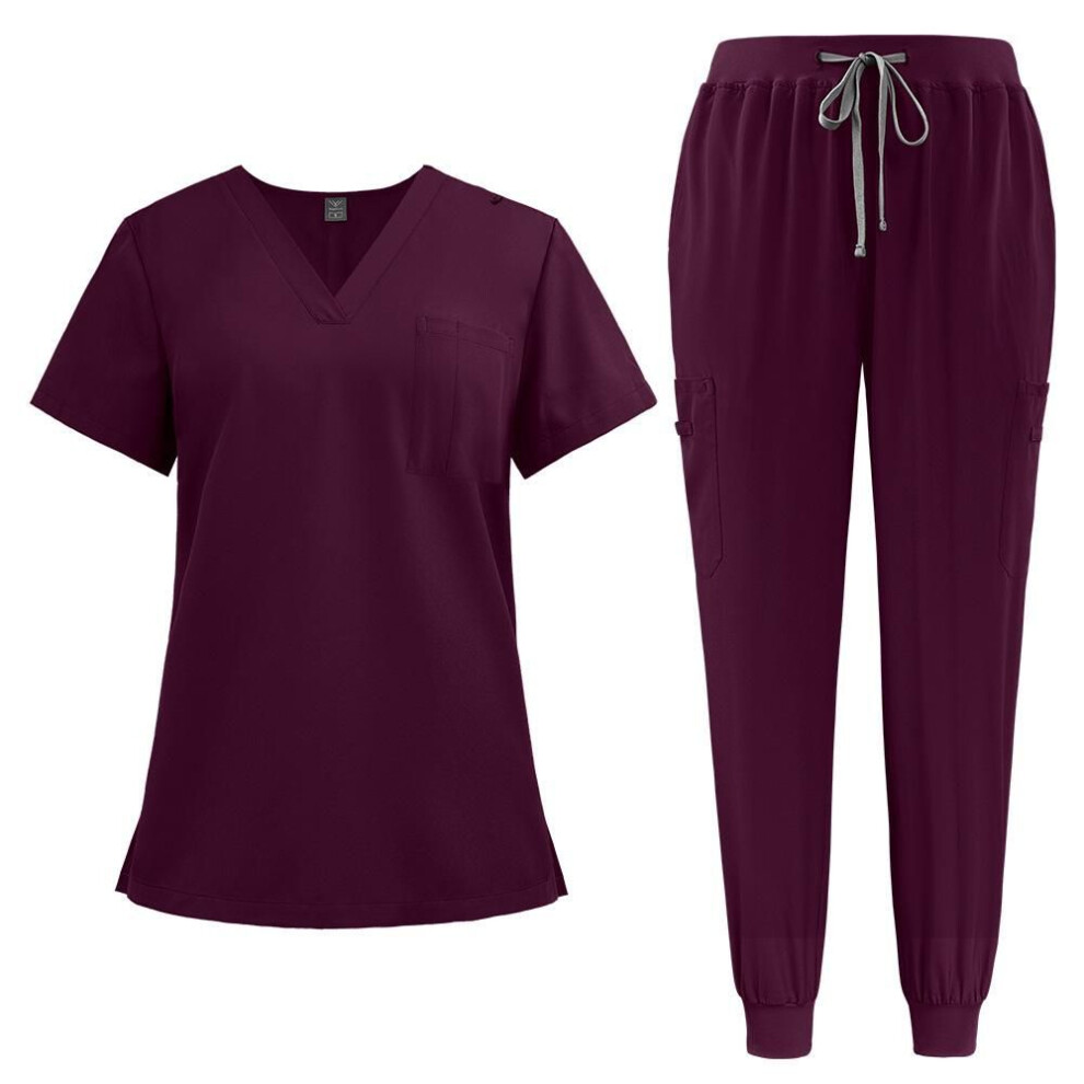 (wine red, S) Scrubs Women Beauty SPA Uniform Pet Clinic Store Veterinary Dentistry Work Clothes Set Medical Nurse Uniform Unisex