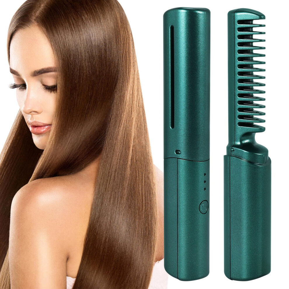 Pyatofyy Cordless Hair Straighteners, Electric Hot Comb, Portable Hair Straightening Ceramic, Constant Temperature Anti-Scald Usb Rechargeable, Dark Green
