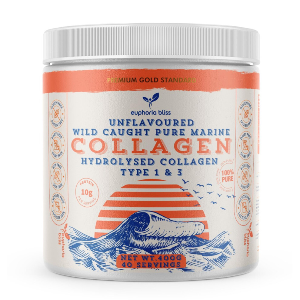 Euphoria Bliss Marine Collagen Powder Type 1 & 3 | Wild Caught Fish | Non-Gmo | Unflavoured For Women & Men | Healthy Skin, Hair, Joints & Bones | Halal | 400G