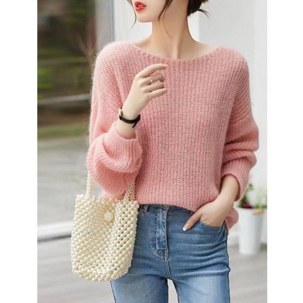 (One Size, pink) Spring and Summer Pullover Knitted Sunscreen Air Conditioner Shirt New Long Sleeve Sweater Cover Ups Loose Casual Simple Round Neck Top Clothing 3119
