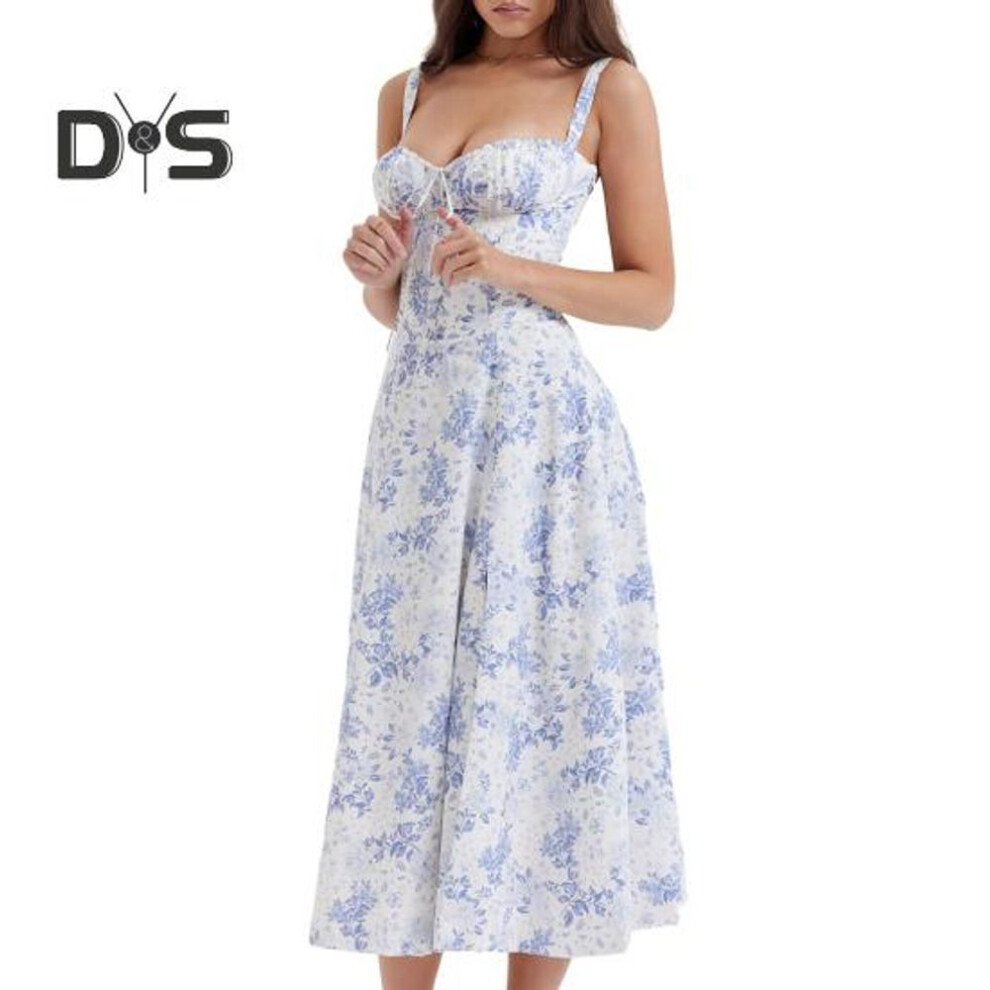 (white,blue, S) Women Elegant Suspenders Lace Up Dress Slim Sleeveless Bandeau Floral Print Dress Corset Design Side Split Hem Midi Dress