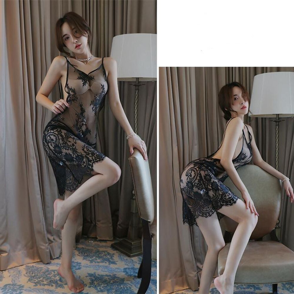 (black, XL) Sexy See-through Backless Sleepwear Tank Nightgown Homewear Suit Lingerie Short Open-back Transparent Dress