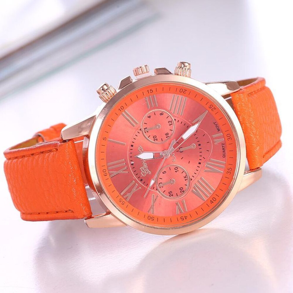 (orange, Factory Direct Deal) Geneva Ladies' Quartz Watch with Leather Strap - Classic Multicolor Options