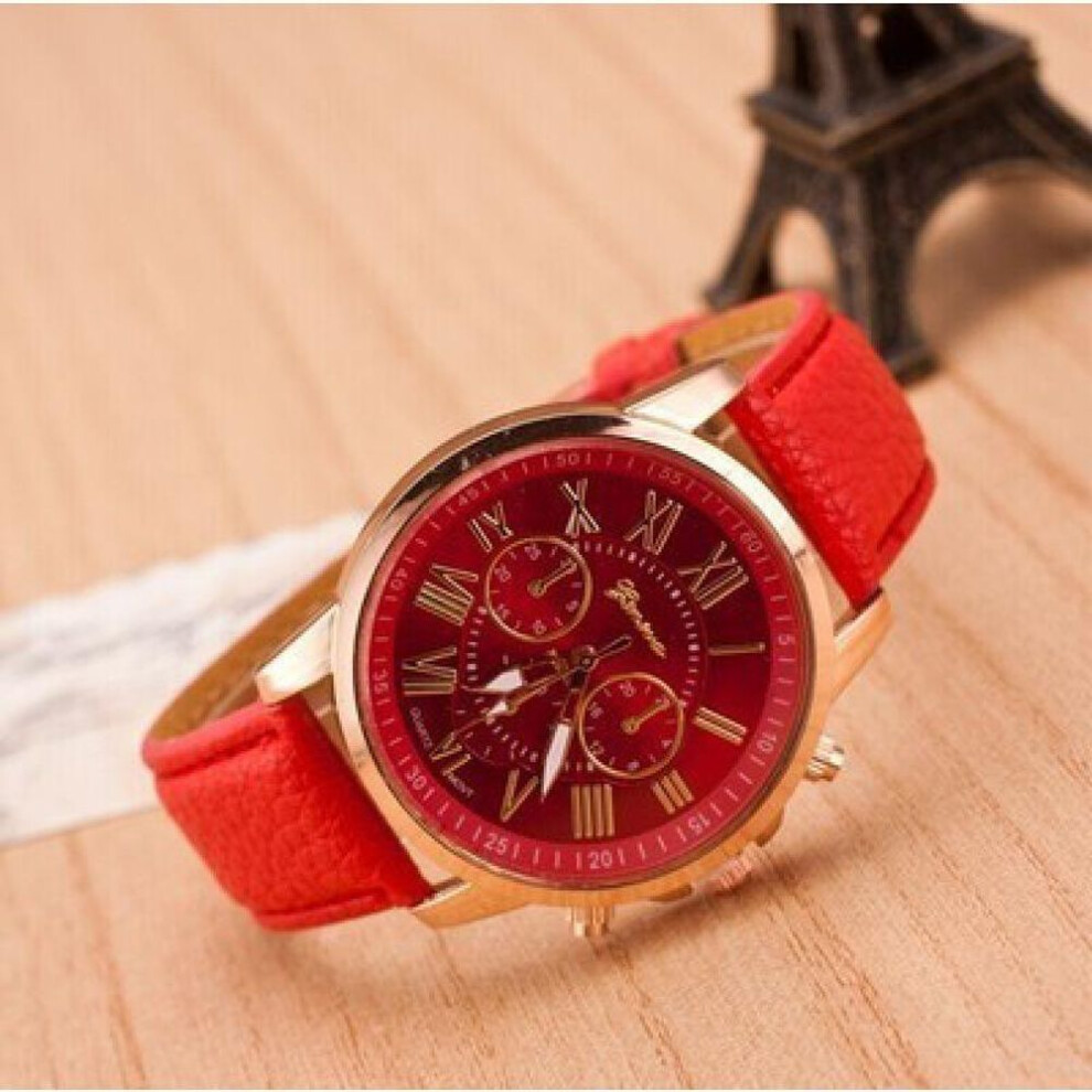 (red, Factory Direct Deal) Geneva Ladies' Quartz Watch with Leather Strap - Classic Multicolor Options