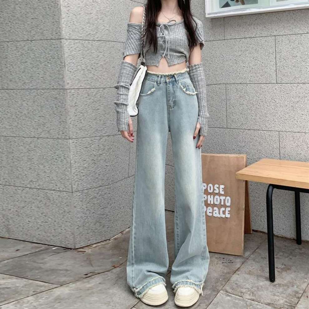 (light blue, M) Women's Retro High-Waist Light Blue Wide-Leg Jeans - Raw Edge Design for Autumn/Winter 2023