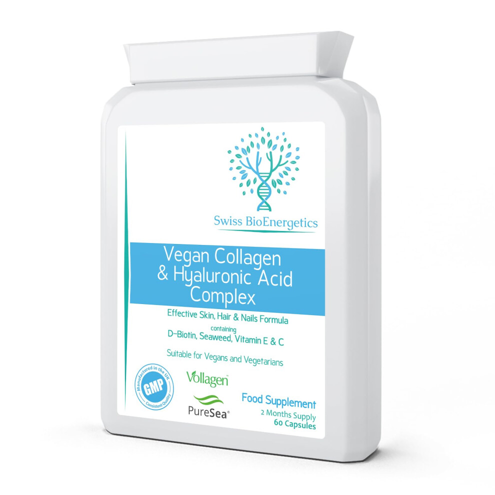 Swiss Bioenergetics Vegan Collagen & Hyaluronic Acid Complex - 60 Capsules - Effective Skin, Hair & Nails Formula With 500Mg Of Vollagen In The Exact Amino Ratios Of