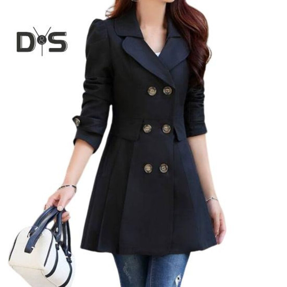 (black, M) Fall Winter Women Jacket Double Breasted Lapel Mid Length Solid Color Pleated Long Sleeve A Line Tight Waist Ol Commute Style Lady Jacket Trench Coat
