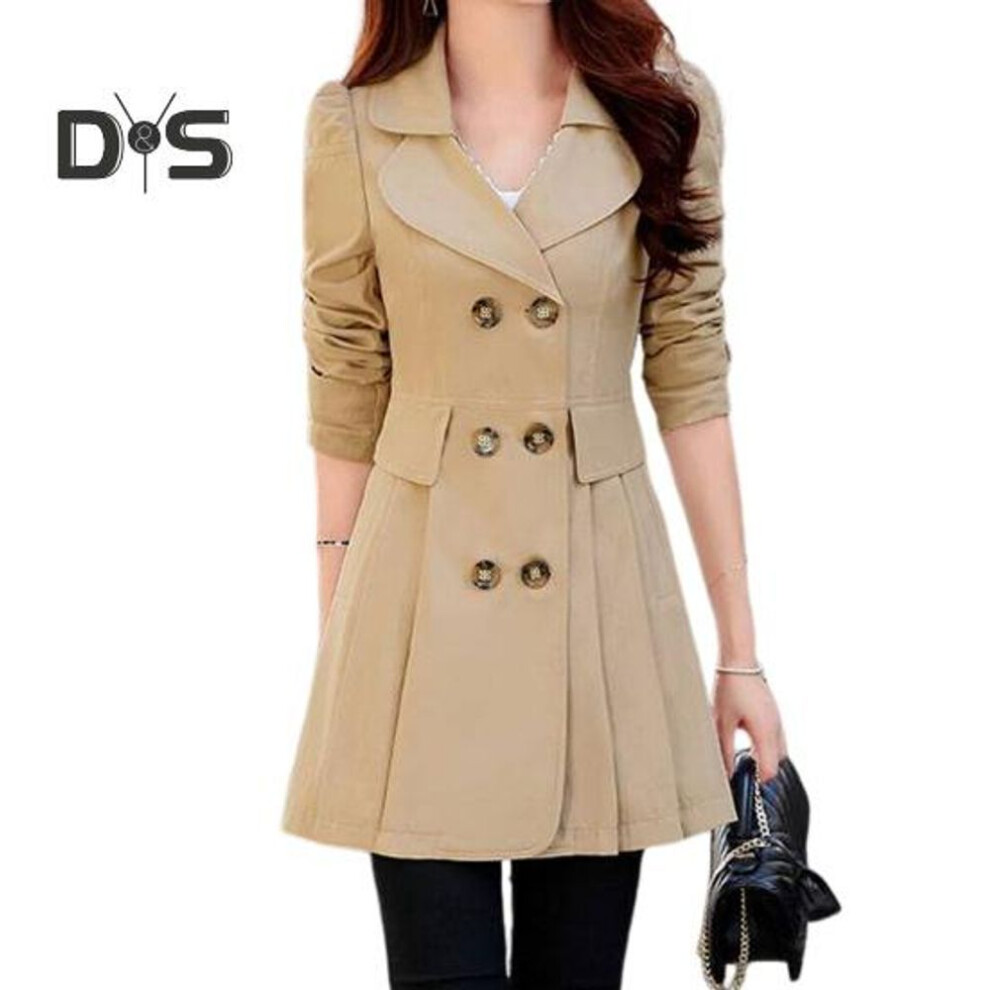 (khaki, XL) Fall Winter Women Jacket Double Breasted Lapel Mid Length Solid Color Pleated Long Sleeve A Line Tight Waist Ol Commute Style Lady Jacket Trench Coat
