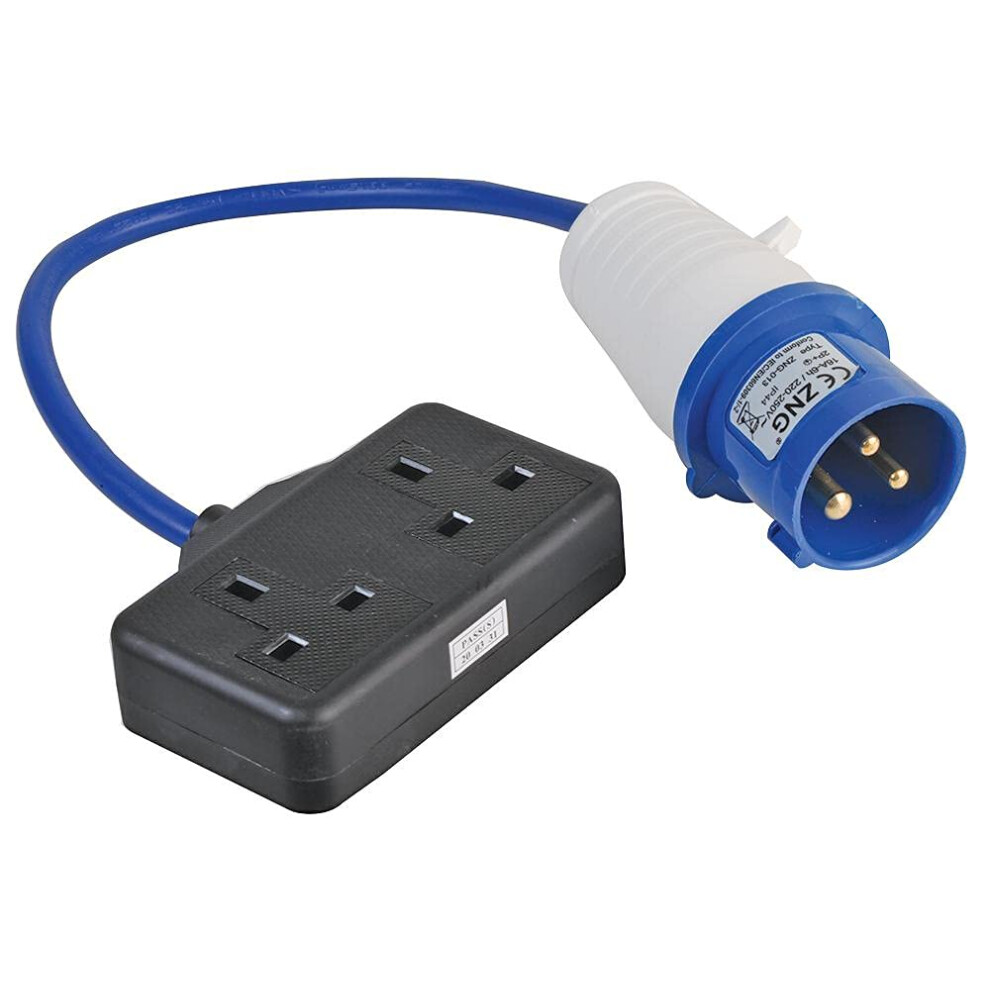 Pelb0139 16A, 230V, 2 Gang Uk 13A Mains Socket To Cee Plug Extension Lead, 2P+E, Blue, 350Mm 5051259219588