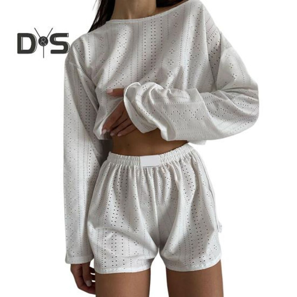 (white, XL) 2 Pcs/set Women Top Shorts Suit High Waist Shorts Hollow Out Loose Cropped Blouse Long Sleeves Solid Color Outfit For Sport Jogging Sleeping